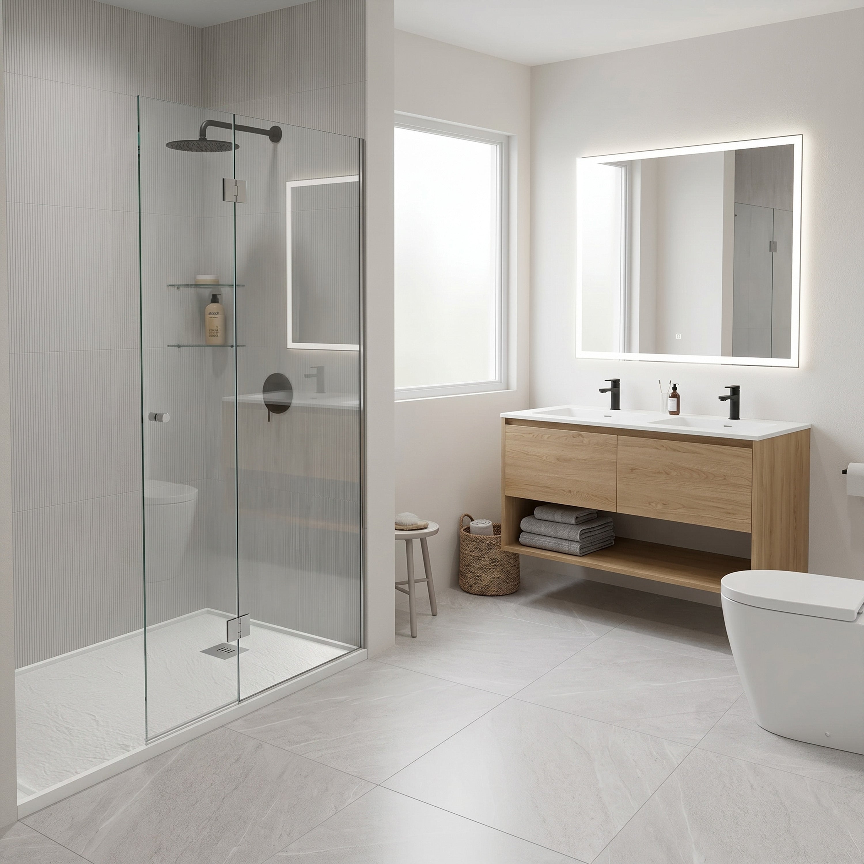 Base de douche réversible 60po x 32po en surface solide blanc mat avec rebords