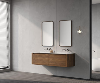 60" Walnut Wall Mount Double Sink Bathroom Vanity with Matte White Solid Surface Countertop Fairview - Golden Elite Deco
