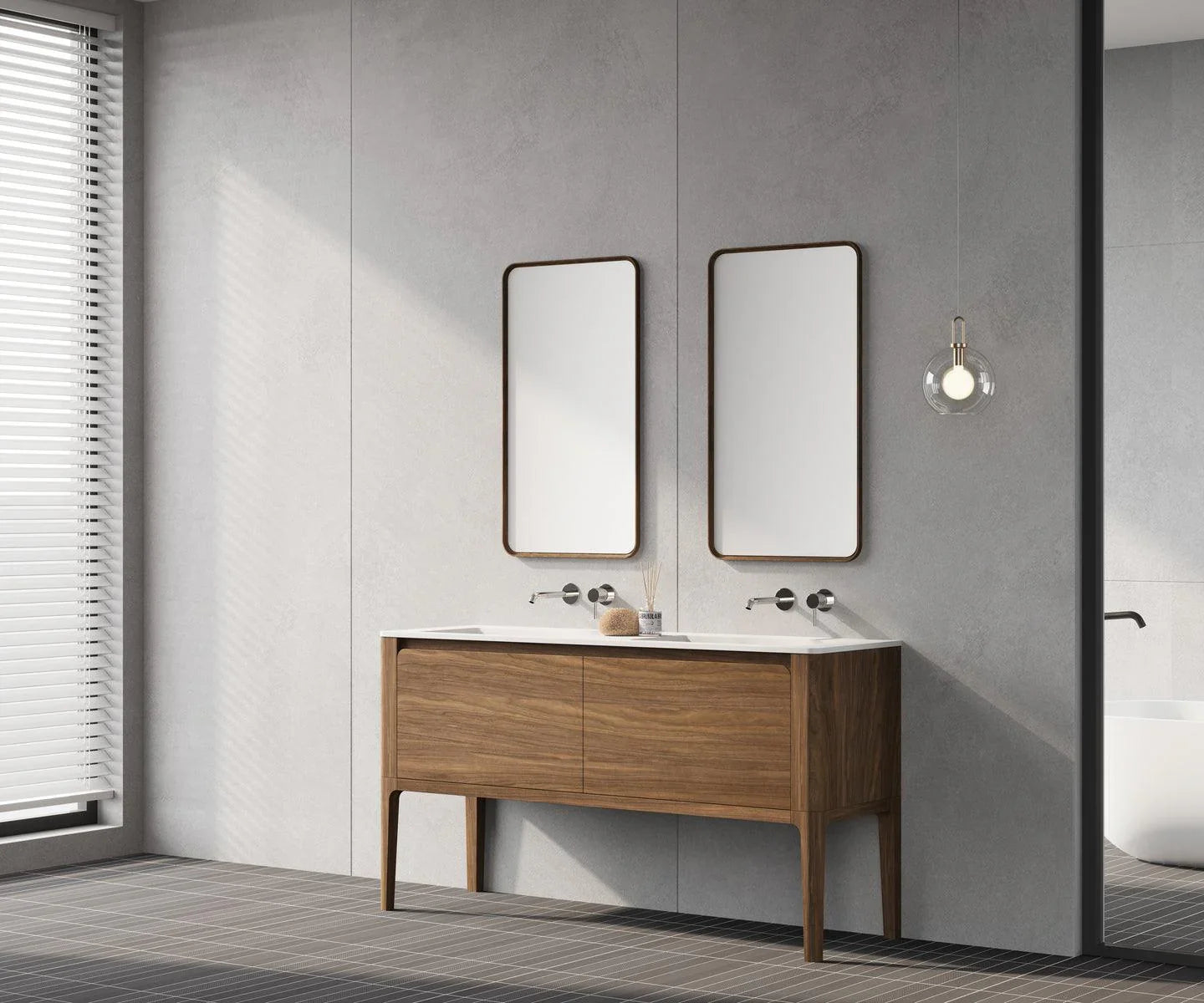 60" Walnut Wall Mount Double Sink Bathroom Vanity with Matte White Solid Surface Countertop Fairview - Golden Elite Deco