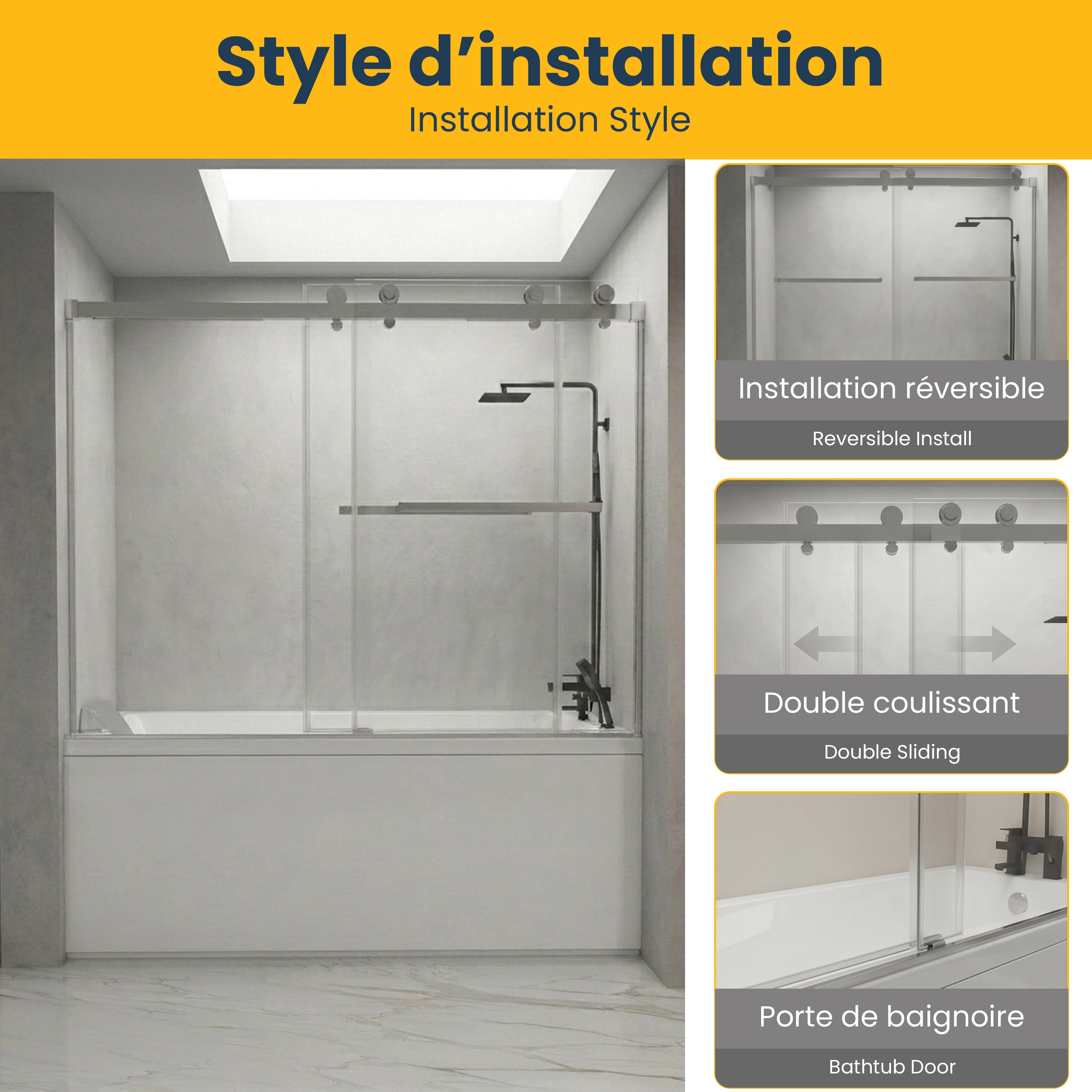 60" x 66" Reversible Frameless Double Sliding Bathtub Door in Chrome with Clear Glass