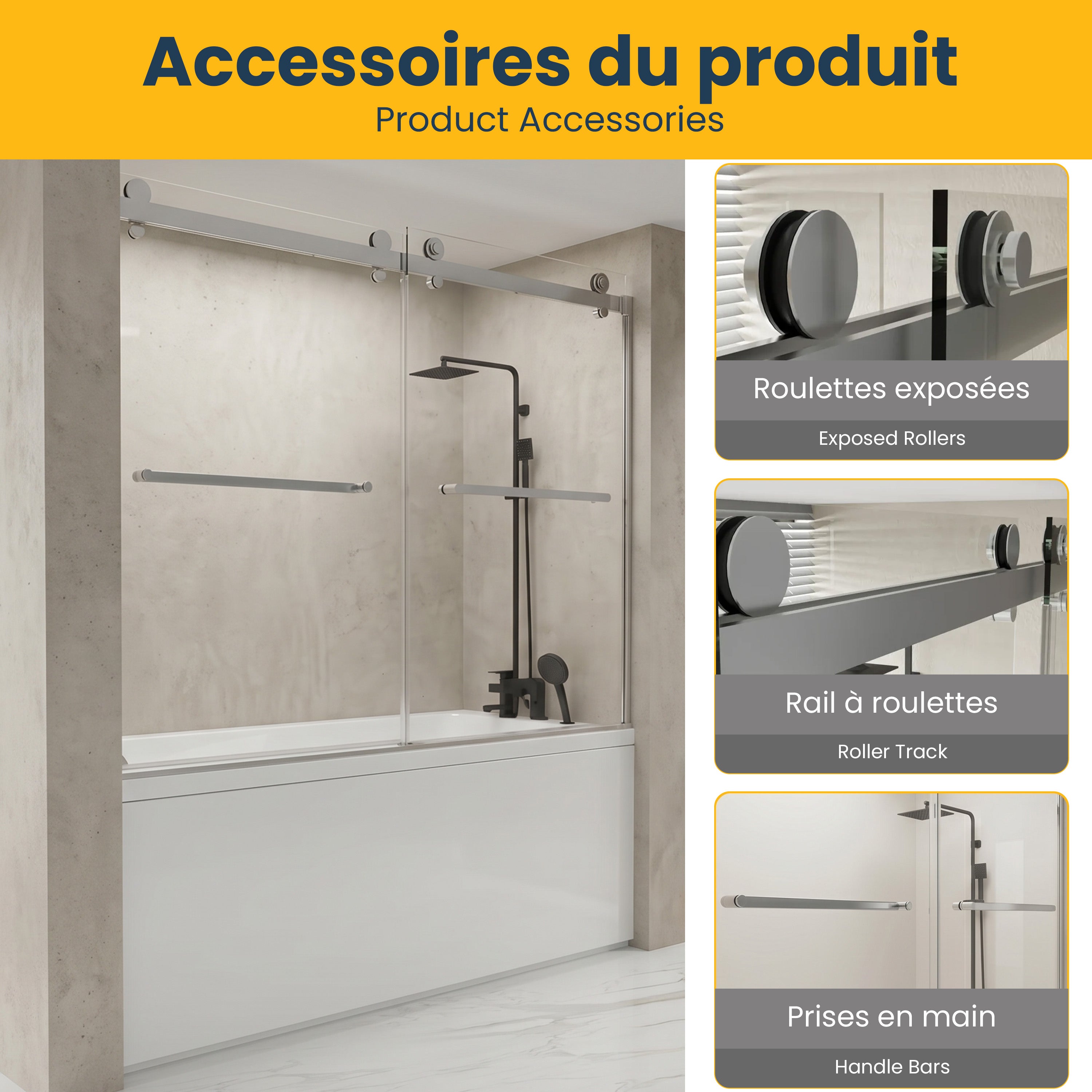 60" x 66" Reversible Frameless Double Sliding Bathtub Door in Chrome with Clear Glass