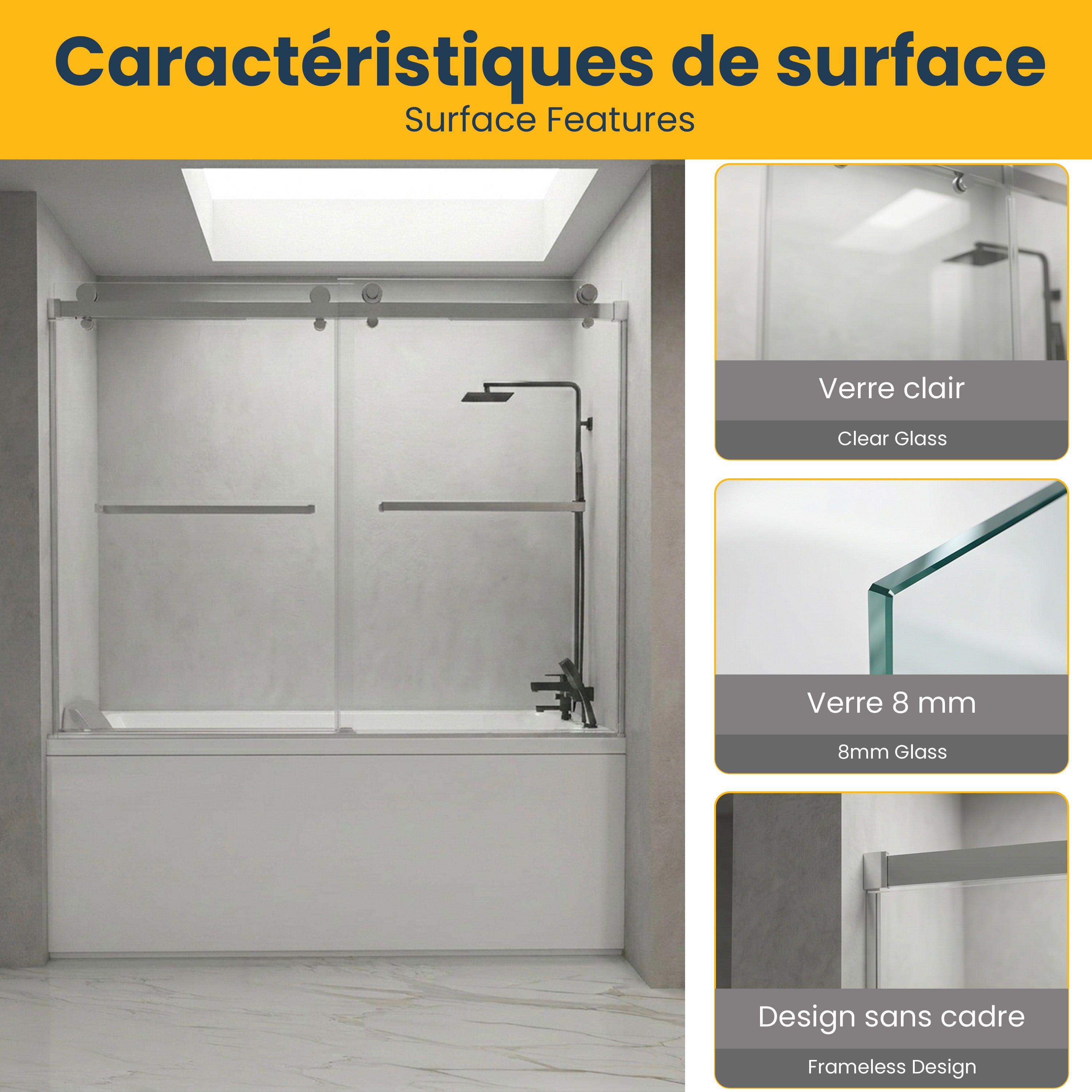 60" x 66" Reversible Frameless Double Sliding Bathtub Door in Chrome with Clear Glass