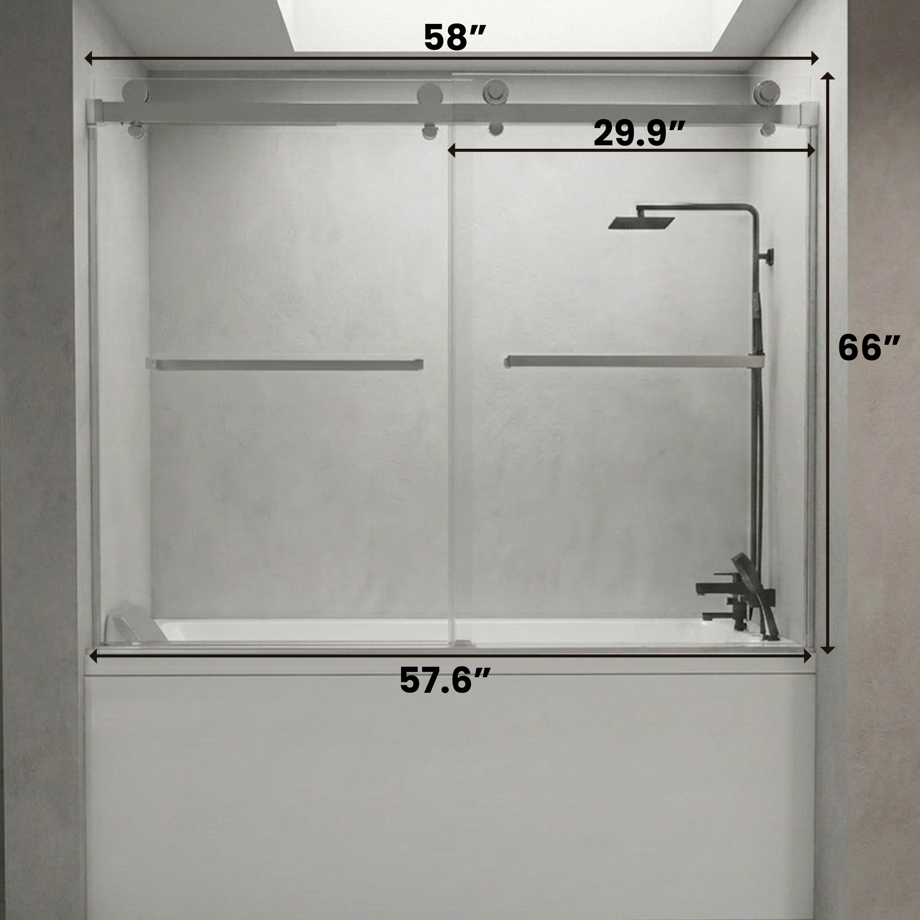 Porte de baignoire coulissante double réversible sans cadre 60po x 66po en chrome avec verre transparent