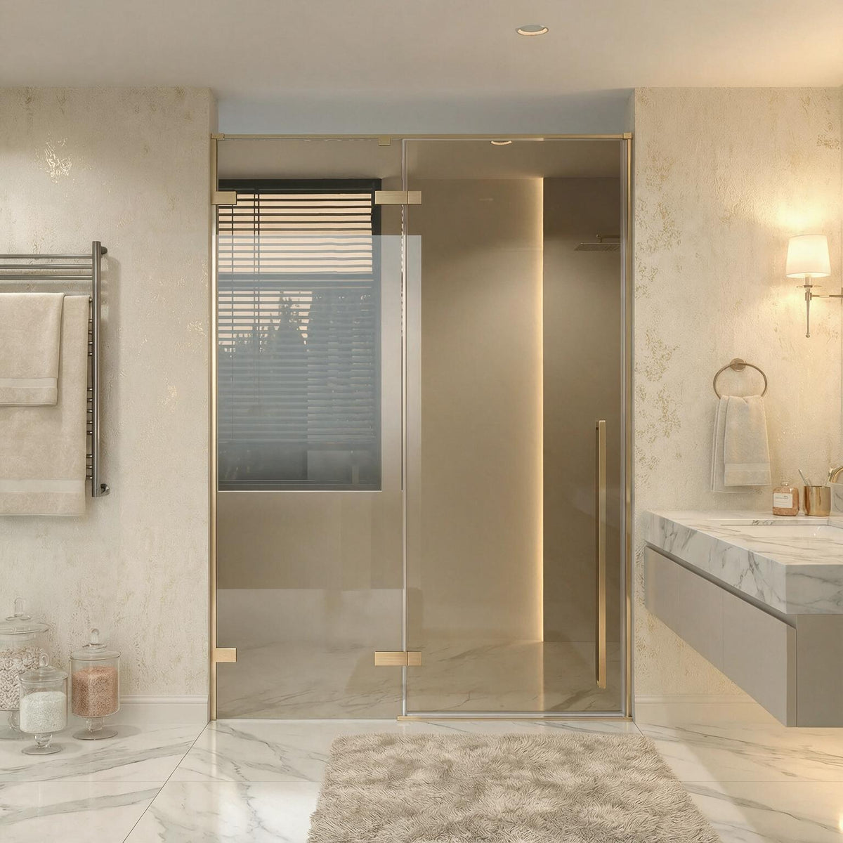 57,6po–58po L (largeur ajustable) x 79po H Porte de douche pivotante réversible sans cadre en or brossé avec verre brun teinté