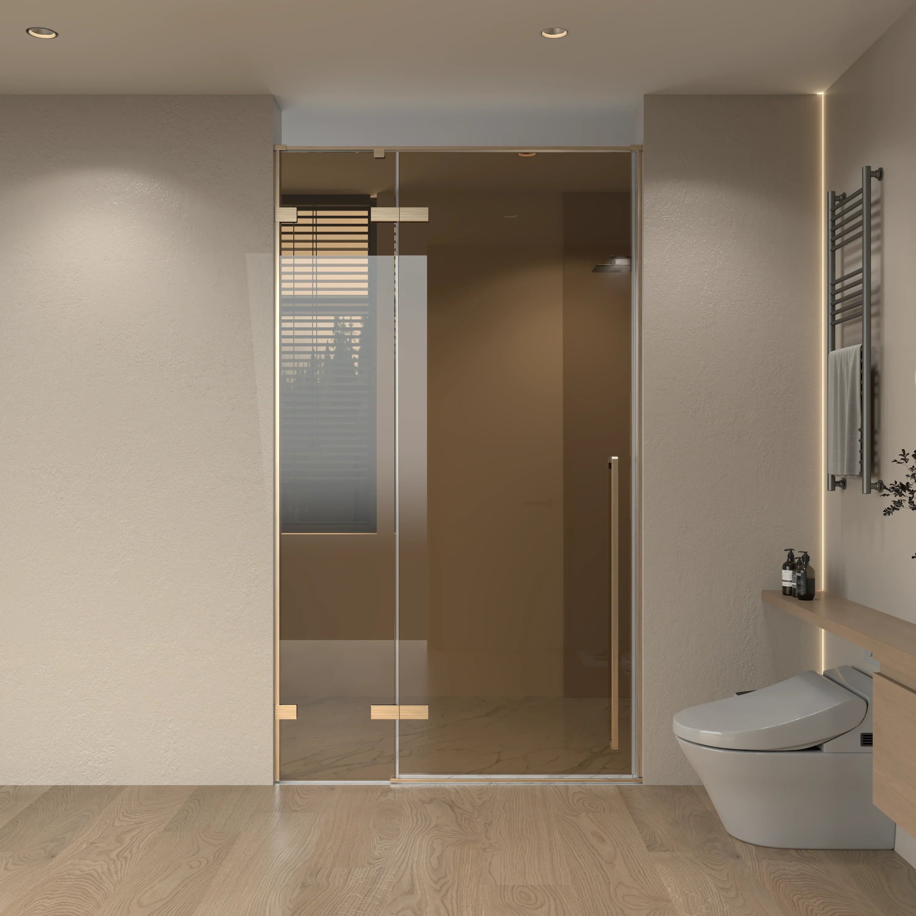57.6"–58" x 79" Brushed Gold Reversible Pivot Shower Door with Brown Tinted Glass