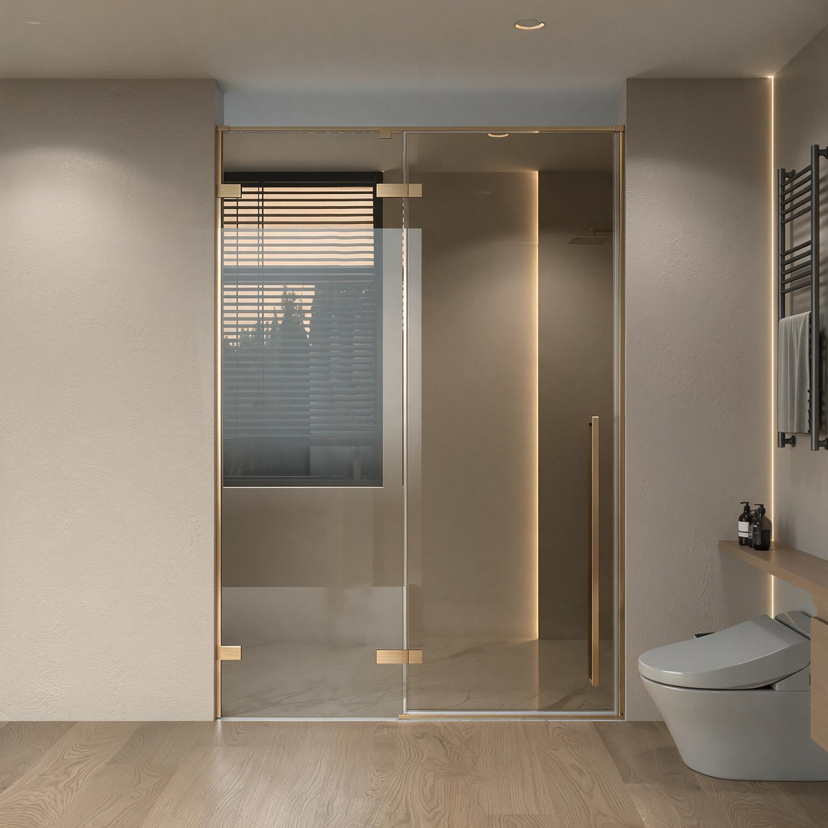 57.6"–58" W (Adjustable Width) x 79" H Frameless Reversible Pivot Shower Door in Brushed Gold with Brown Tinted Glass