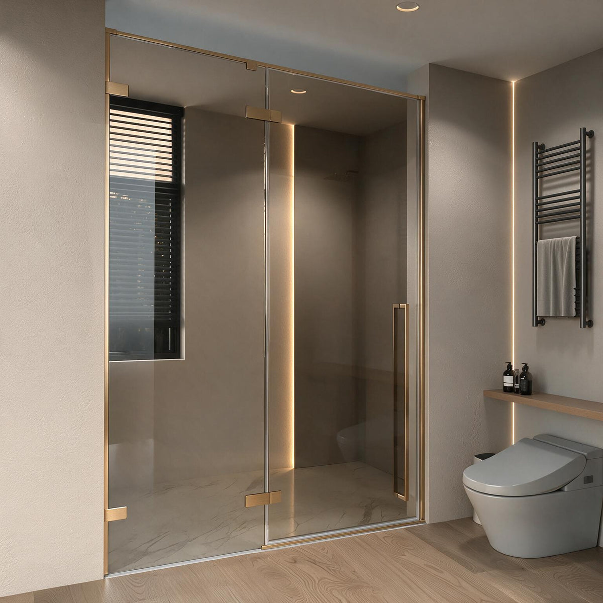 57.6"–58" W (Adjustable Width) x 79" H Frameless Reversible Pivot Shower Door in Brushed Gold with Brown Tinted Glass