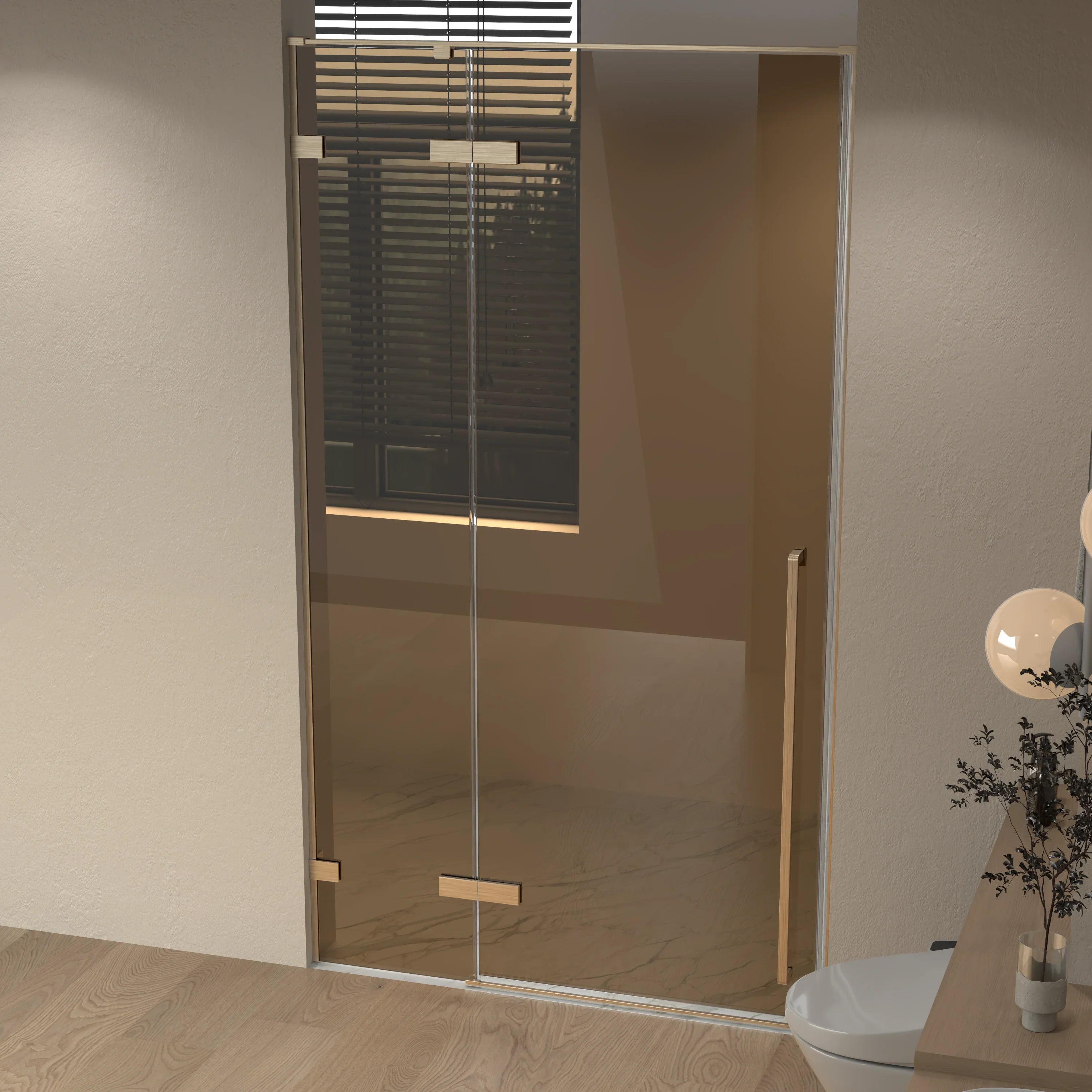 57.6"–58" x 79" Brushed Gold Reversible Pivot Shower Door with Brown Tinted Glass