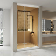 57,6po–58po L (largeur ajustable) x 79po H Porte de douche pivotante réversible sans cadre en or brossé avec verre brun teinté
