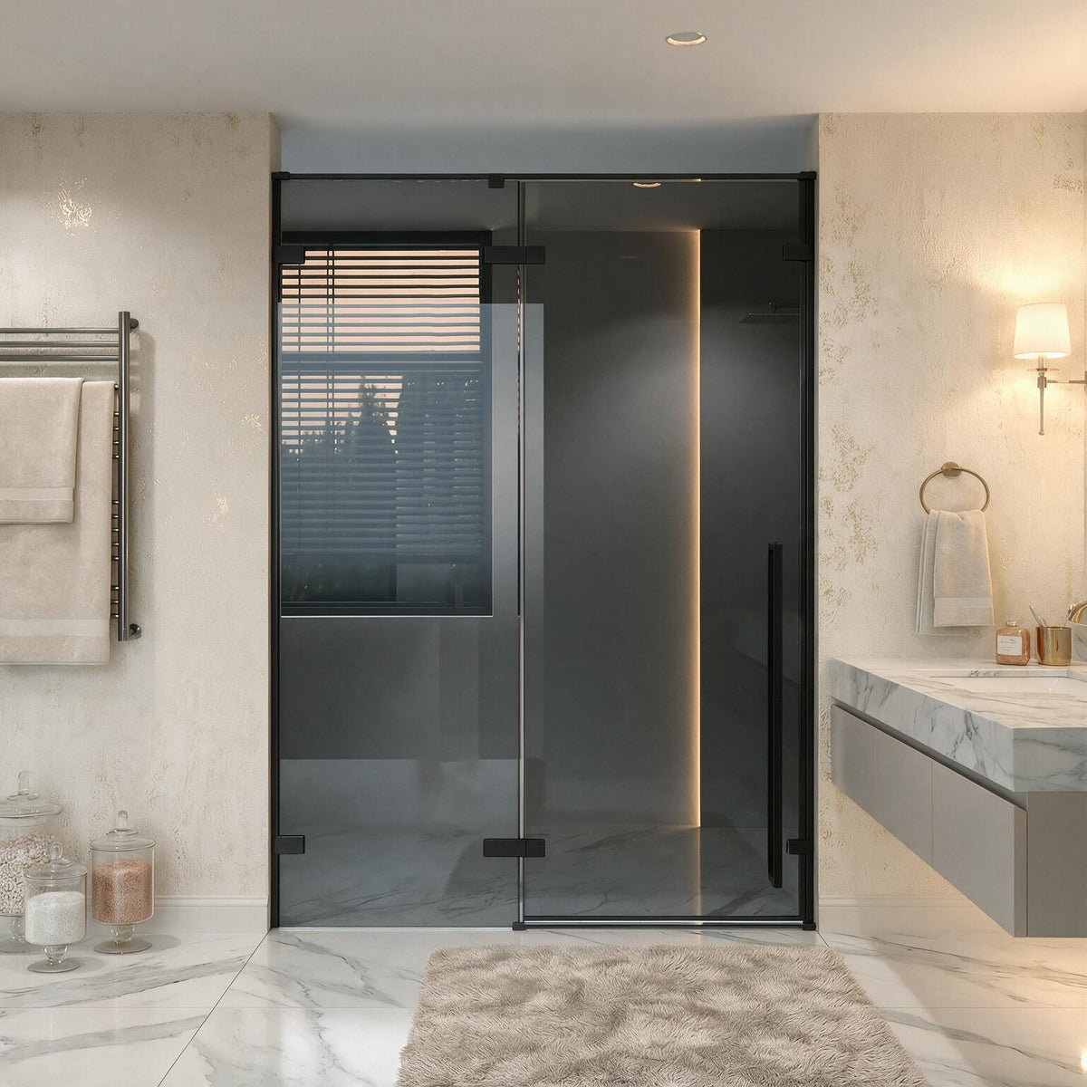 57,6po–58po L (largeur ajustable) x 79po H Porte de douche pivotante réversible sans cadre en noir mat avec verre teinté noir