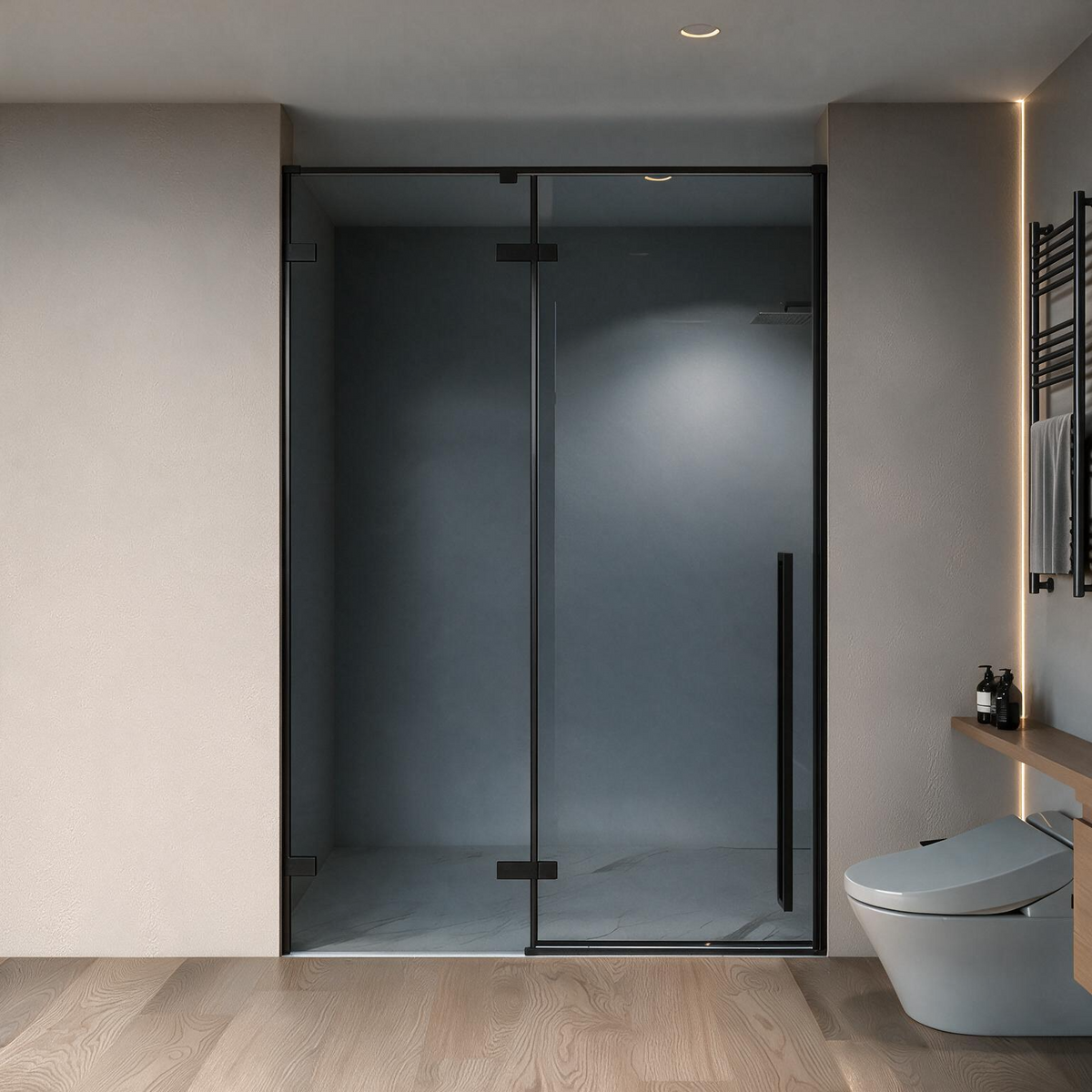 57,6po–58po L (largeur ajustable) x 79po H Porte de douche pivotante réversible sans cadre en noir mat avec verre teinté noir