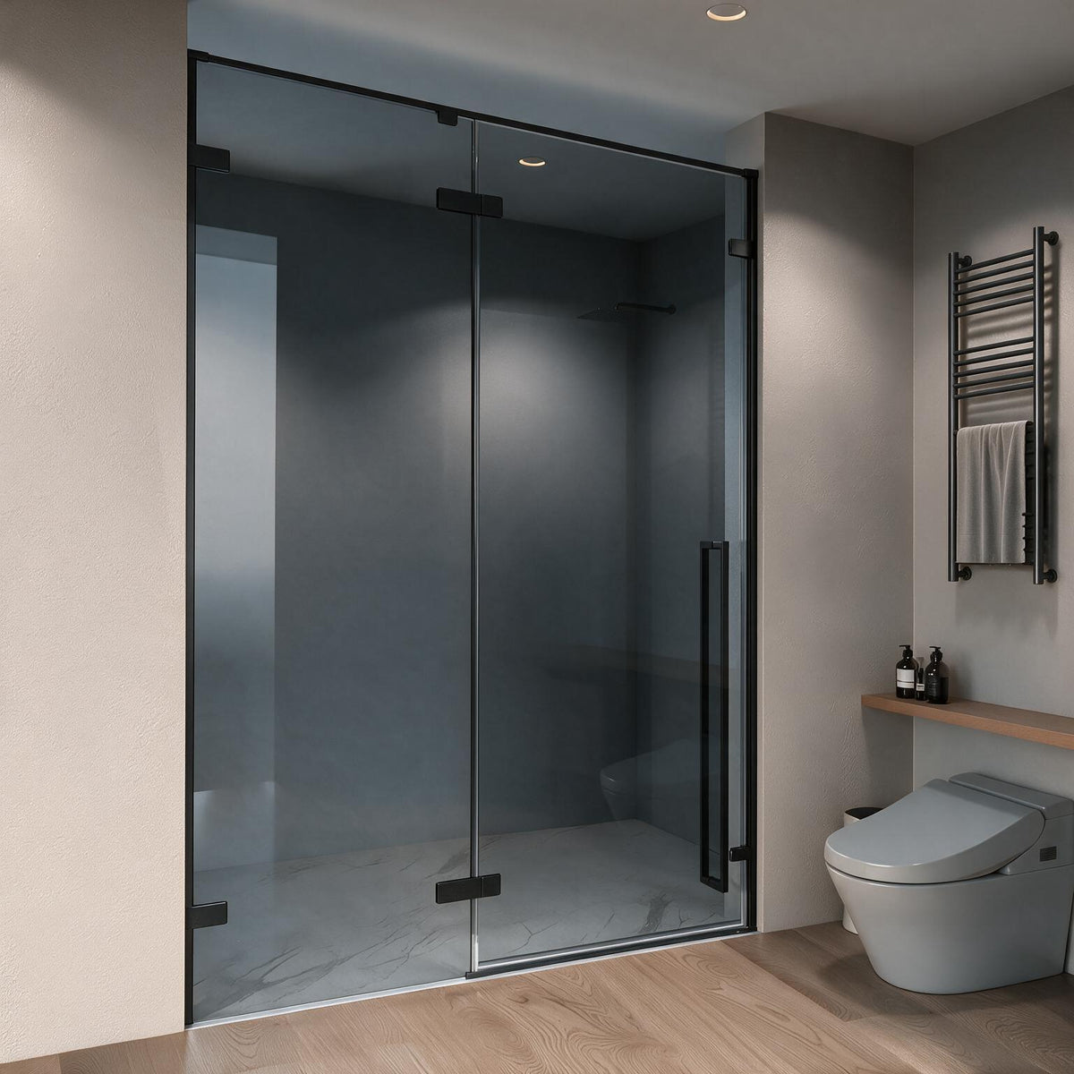 57,6po–58po L (largeur ajustable) x 79po H Porte de douche pivotante réversible sans cadre en noir mat avec verre teinté noir