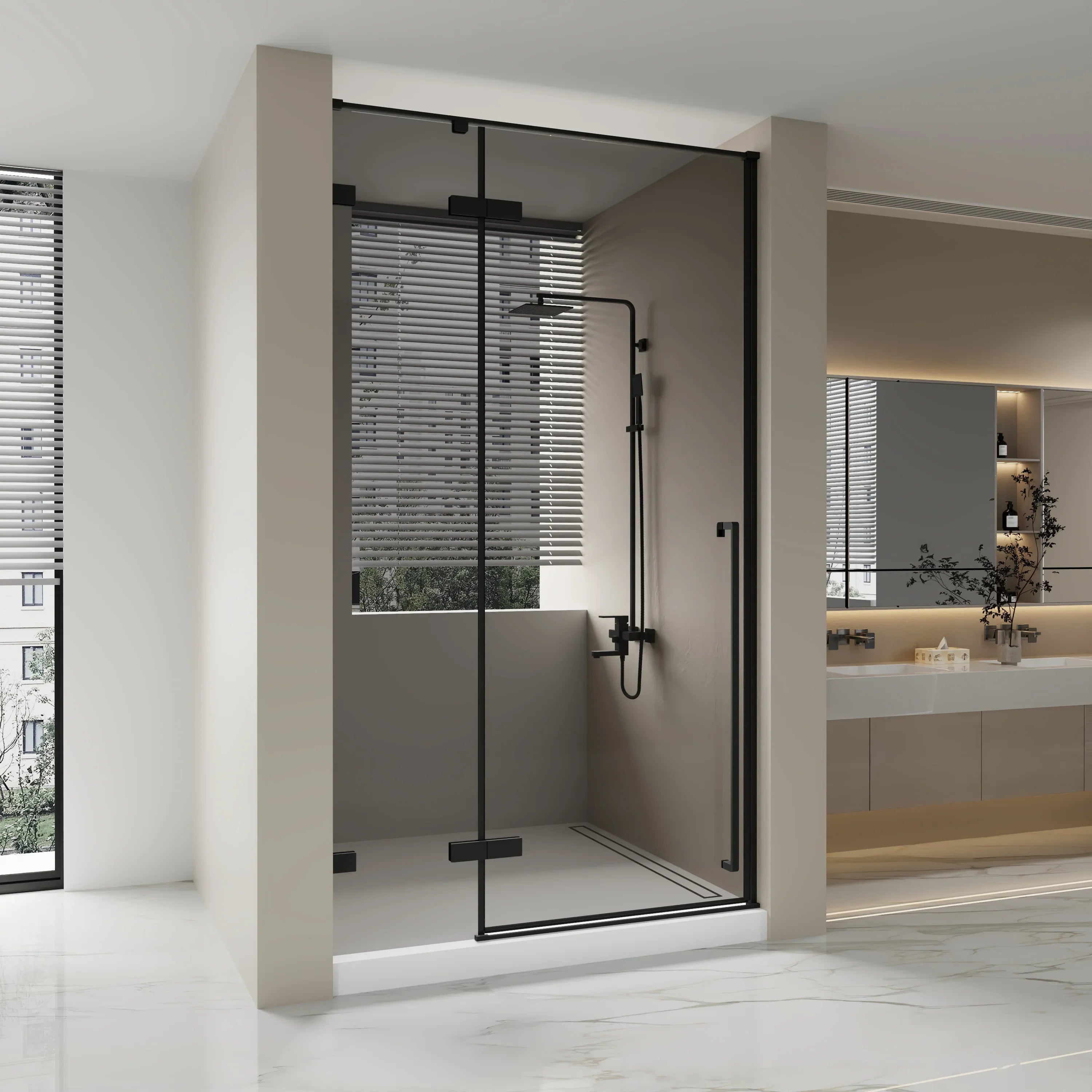 57.6"-58" x 79" Reversible Matte Black Pivot Shower Door with Black Tinted Glass