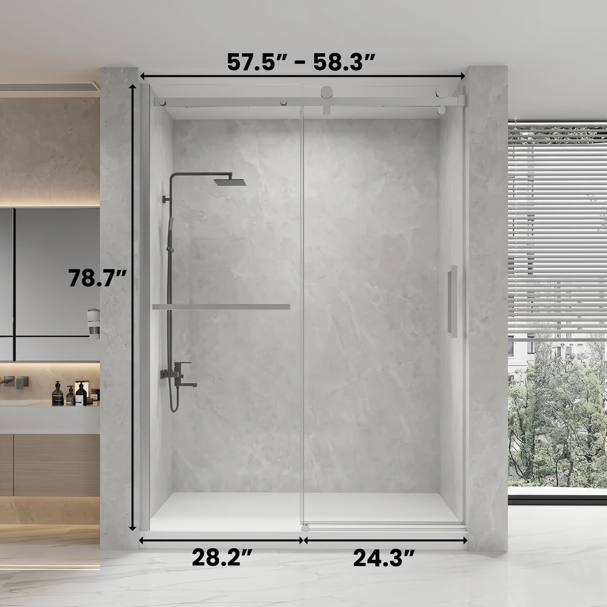 Porte de douche coulissante réversible sans cadre chromée de 60 po x 79 po avec verre transparent
