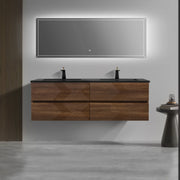 60" Walnut Wall Mount Double Sink Bathroom Vanity with Black Engineered Quartz Countertop