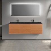 60" Light Oak Wall-Mounted Double Sink Bathroom Vanity with Black Engineered Quartz Countertop