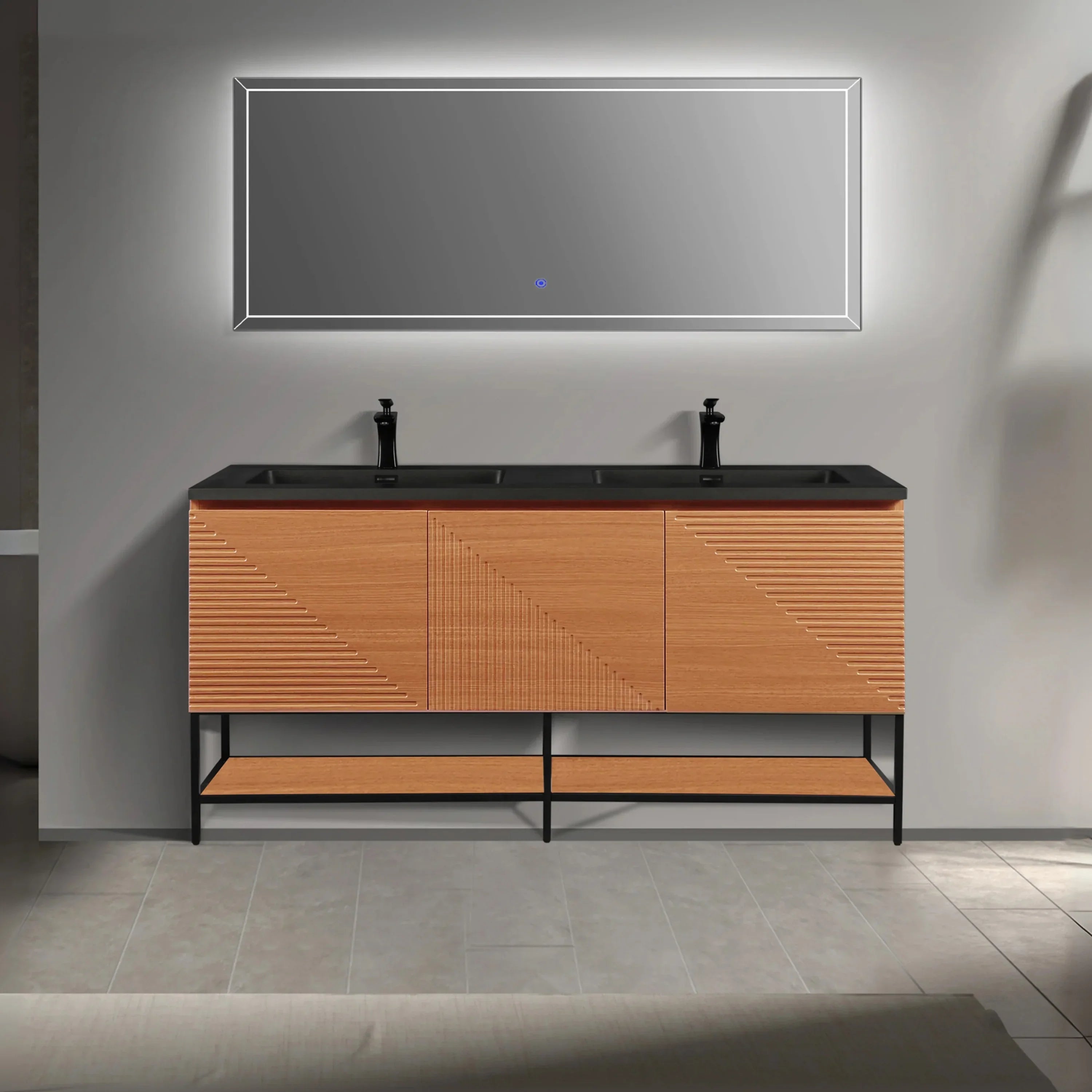 60" Light Oak Wall-Mounted Double Sink Bathroom Vanity with Black Engineered Quartz Countertop