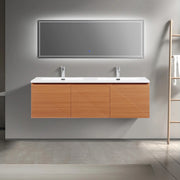 60" Light Oak Wall-Mounted Double Sink Bathroom Vanity with White Polymarble Countertop