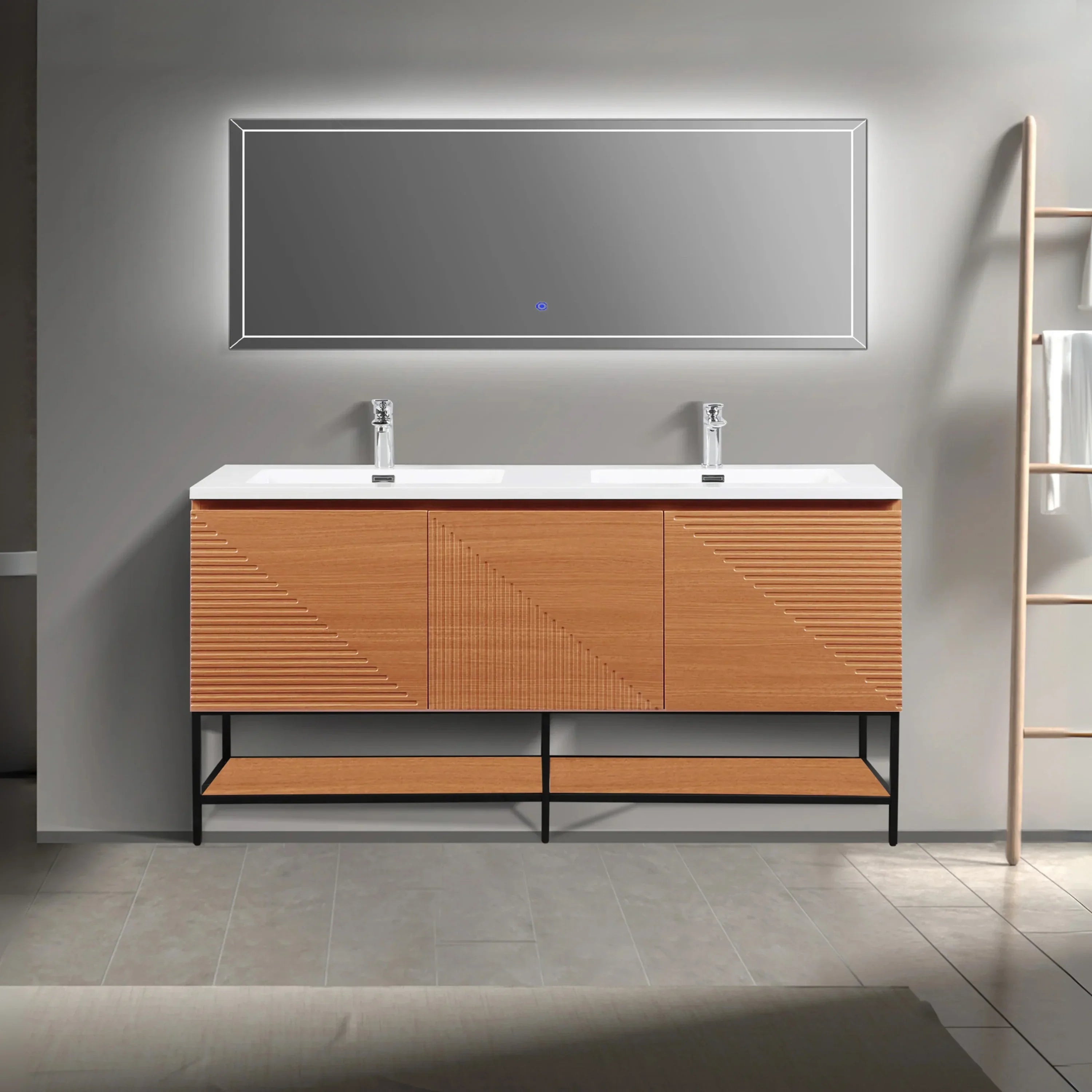 60" Light Oak Wall-Mounted Double Sink Bathroom Vanity with White Polymarble Countertop