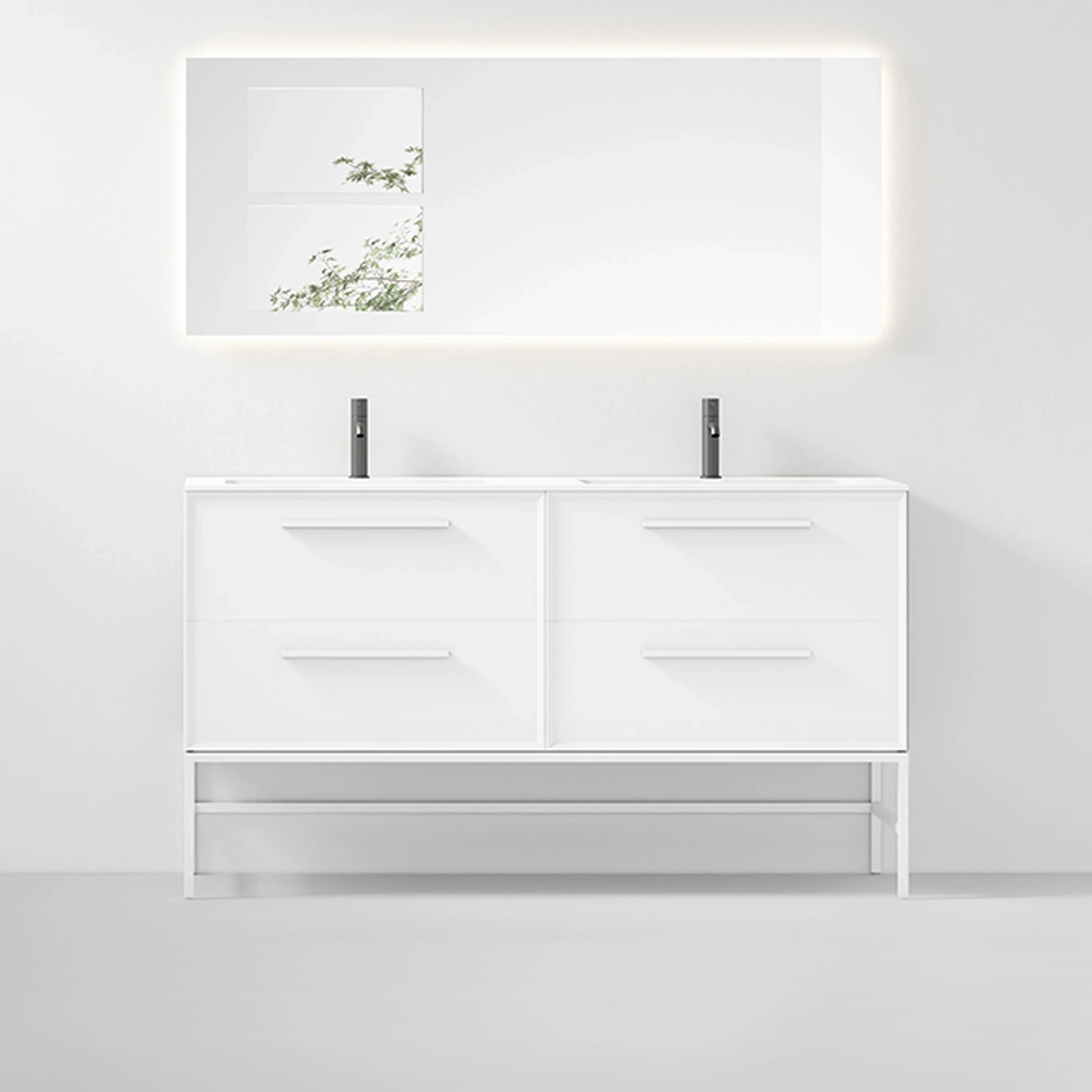 60" White Wall Mount Double Sink Bathroom Vanity with Matte White Solid Surface Countertop