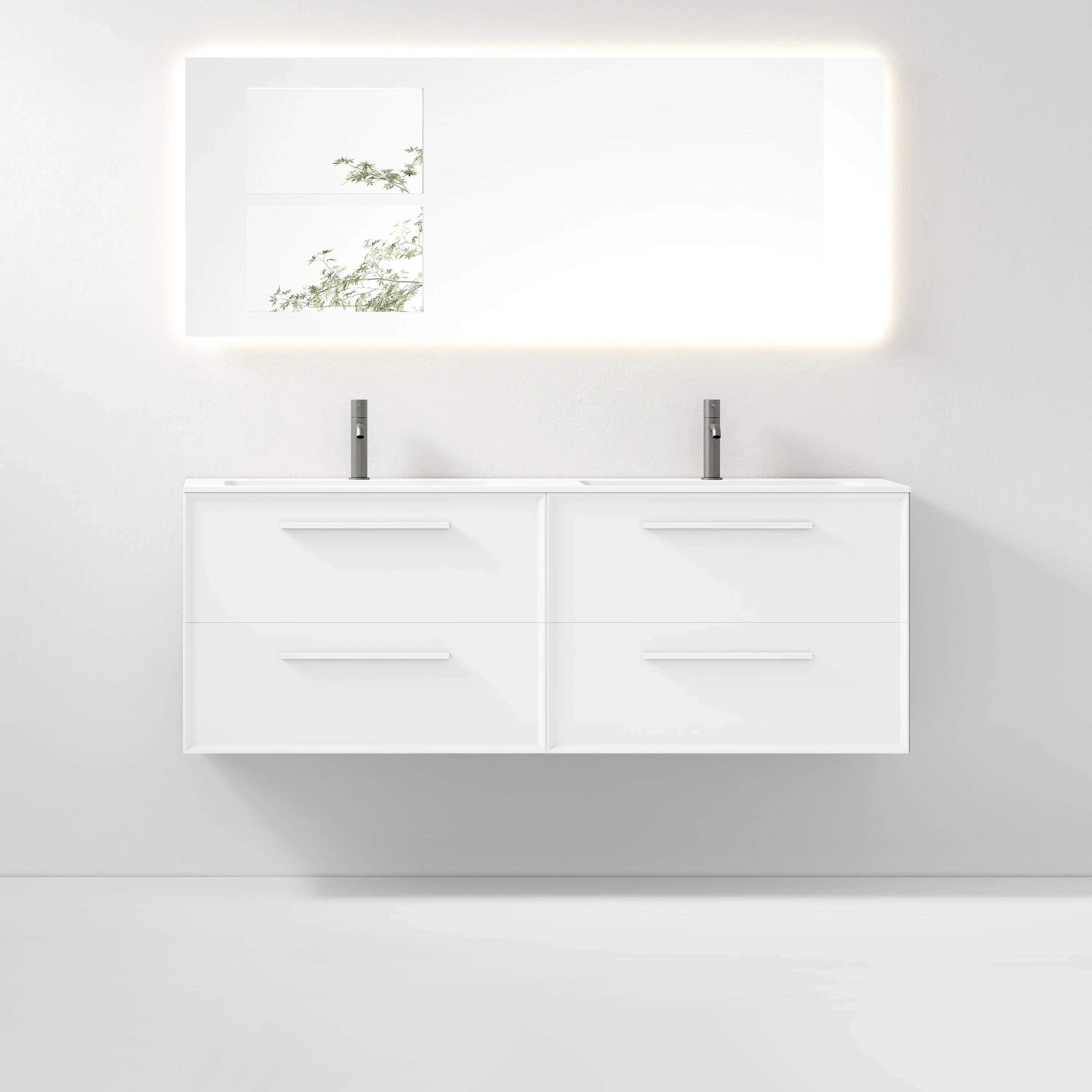 Meuble-lavabo double mural blanc 60" avec Comptoir en surface solide mate blanche