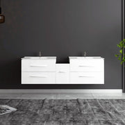 60" Matte White Wall Mount Double Sink Bathroom Vanity with White Ceramic Countertop