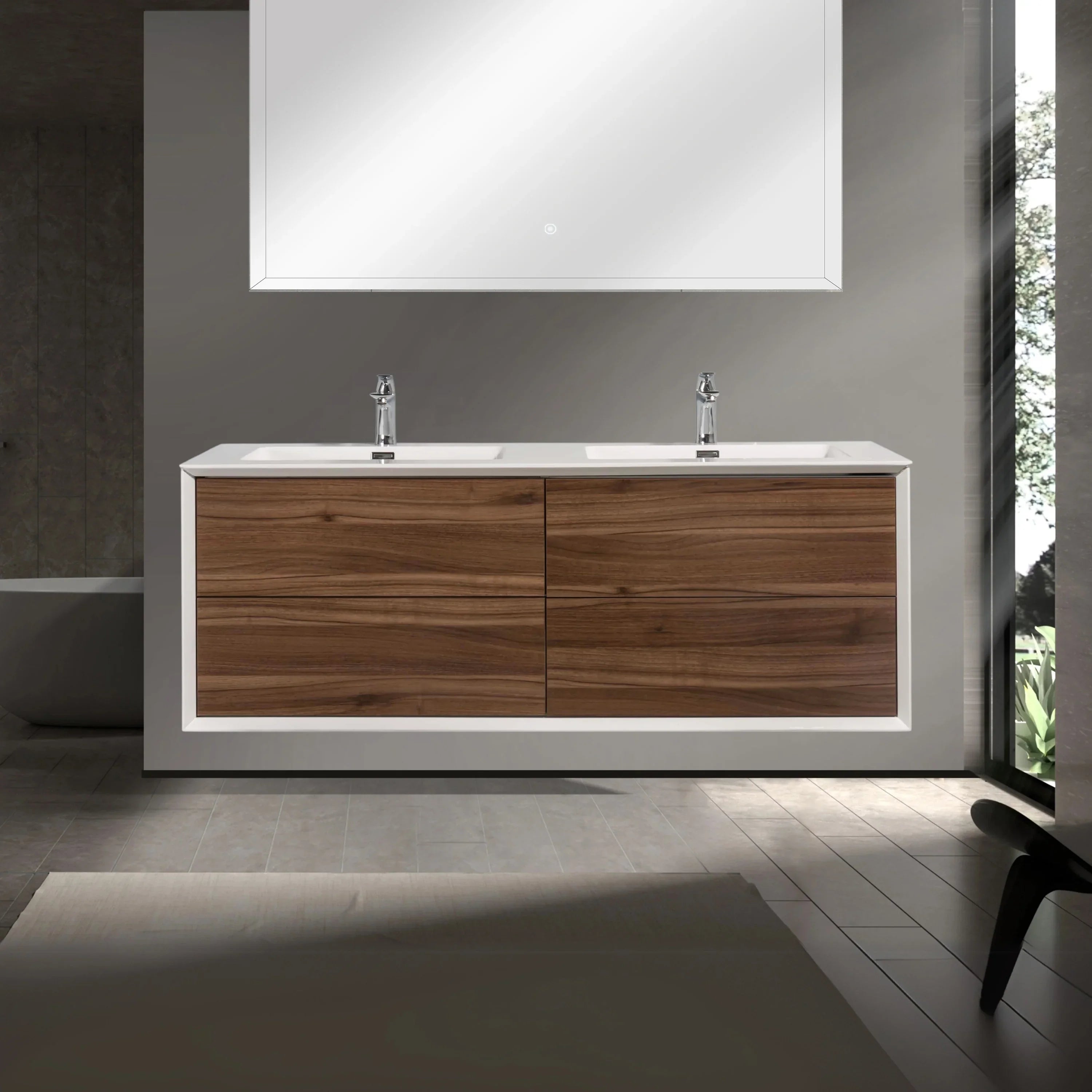 60" Walnut Wall Mount Double Sink Bathroom Vanity with White Polymarble Countertop Fleur