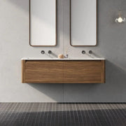 60" Walnut Wall Mount Double Sink Bathroom Vanity with Matte White Solid Surface Countertop
