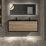 60" Black & Rough Oak Wall Mount Double Sink Bathroom Vanity with Black Engineered Quartz Countertop