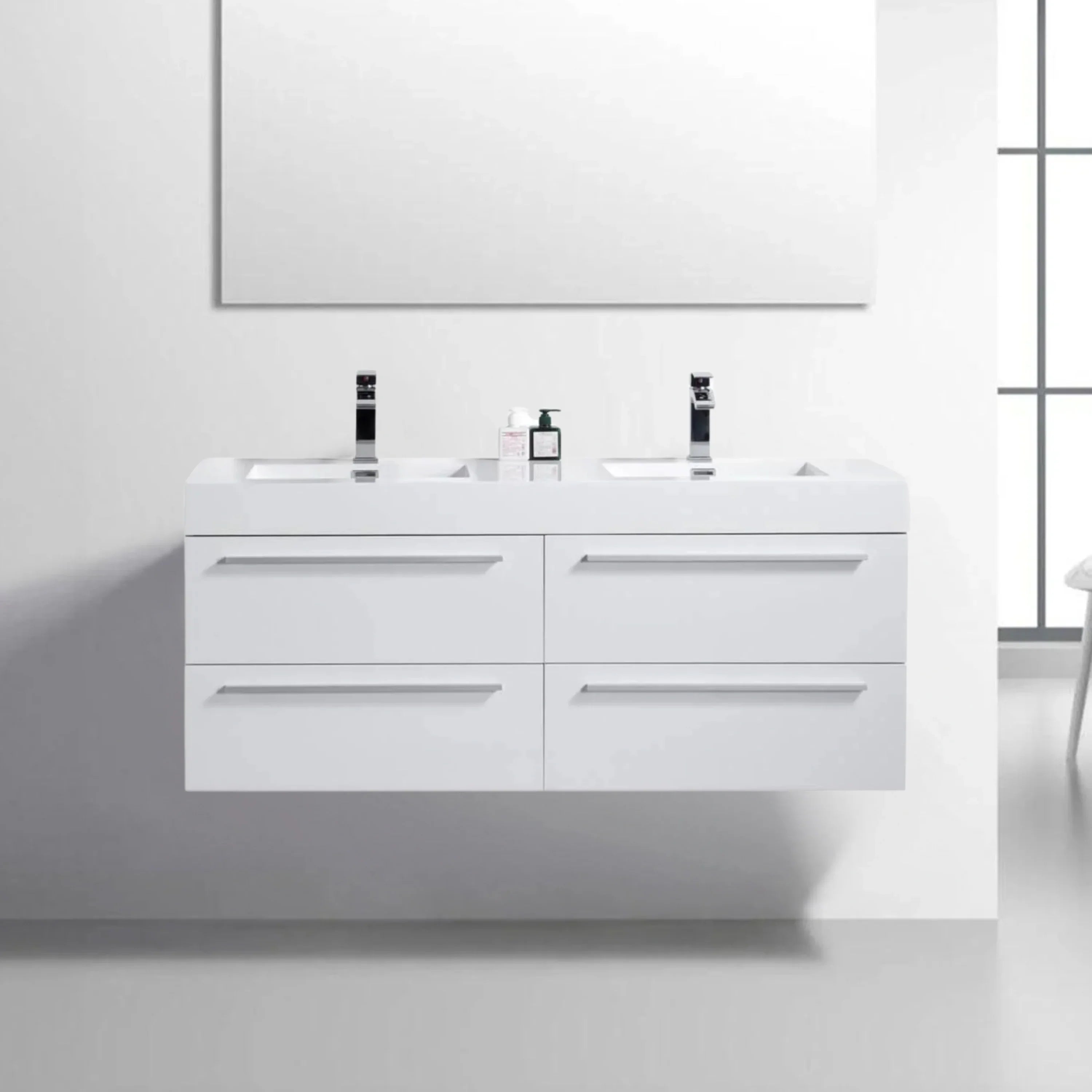 60" White Wall Mount Bathroom Vanity with White Polymarble Countertop