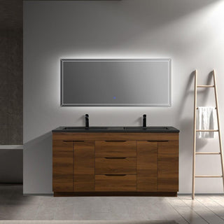 60 Walnut Freestanding Double Sink Bathroom Vanity with Black Engineered Quartz Countertop