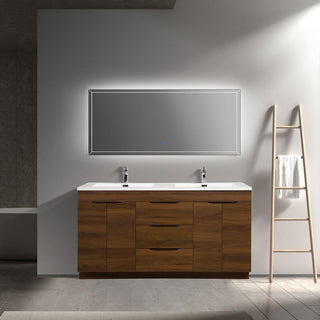 60" Walnut Freestanding Double Sink Bathroom Vanity with White Polymarble Countertop