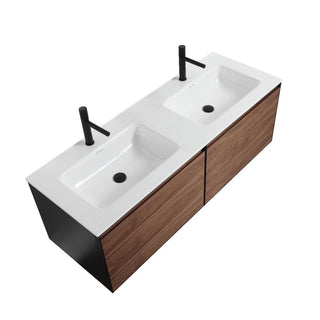 60" Walnut Wall Mount Double Sink Bathroom Vanity with Glossy White Solid Surface Countertop - Golden Elite Deco