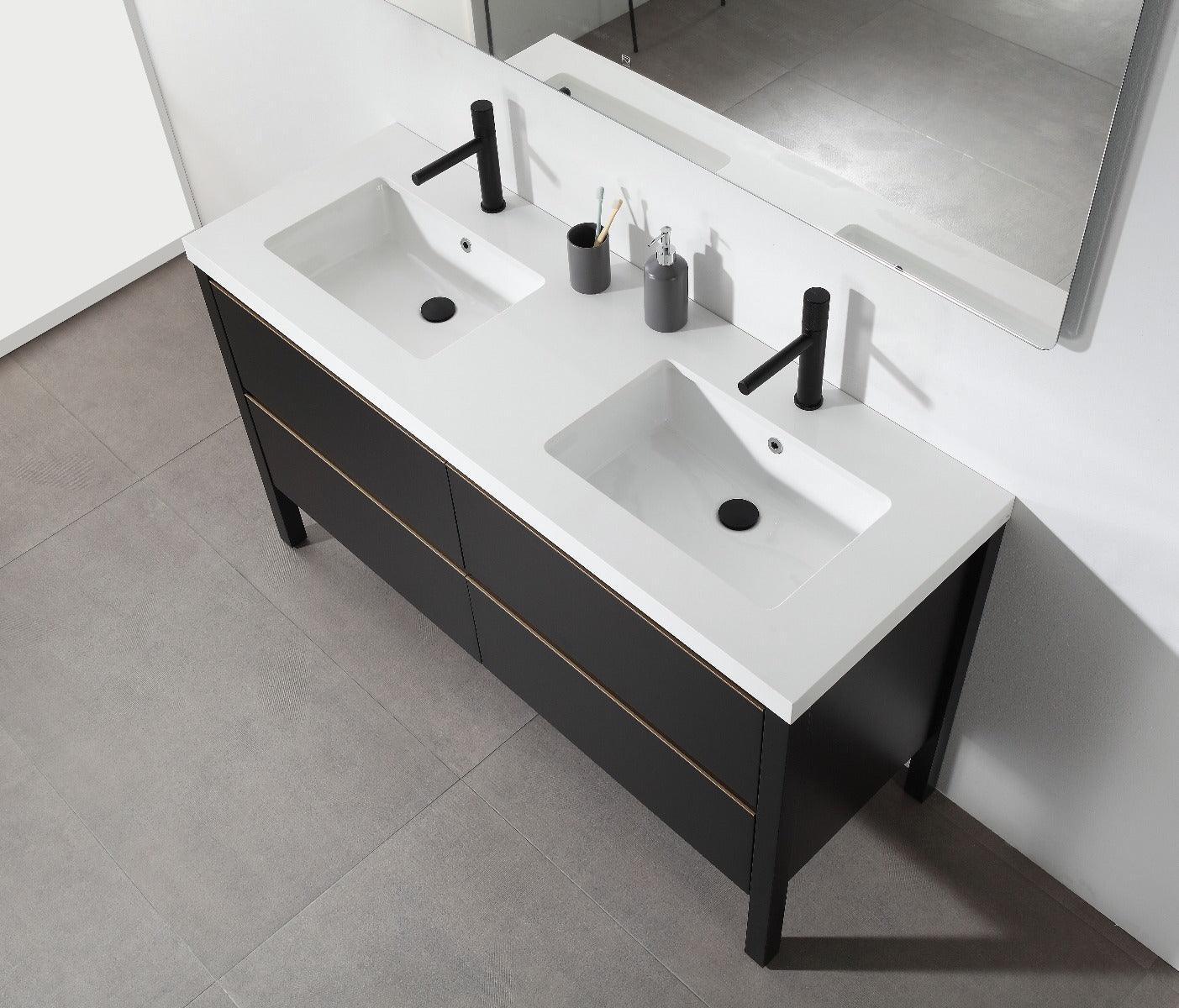 60" Black Freestanding Double Sink Bathroom Vanity with White Quartz Countertop - Golden Elite Deco