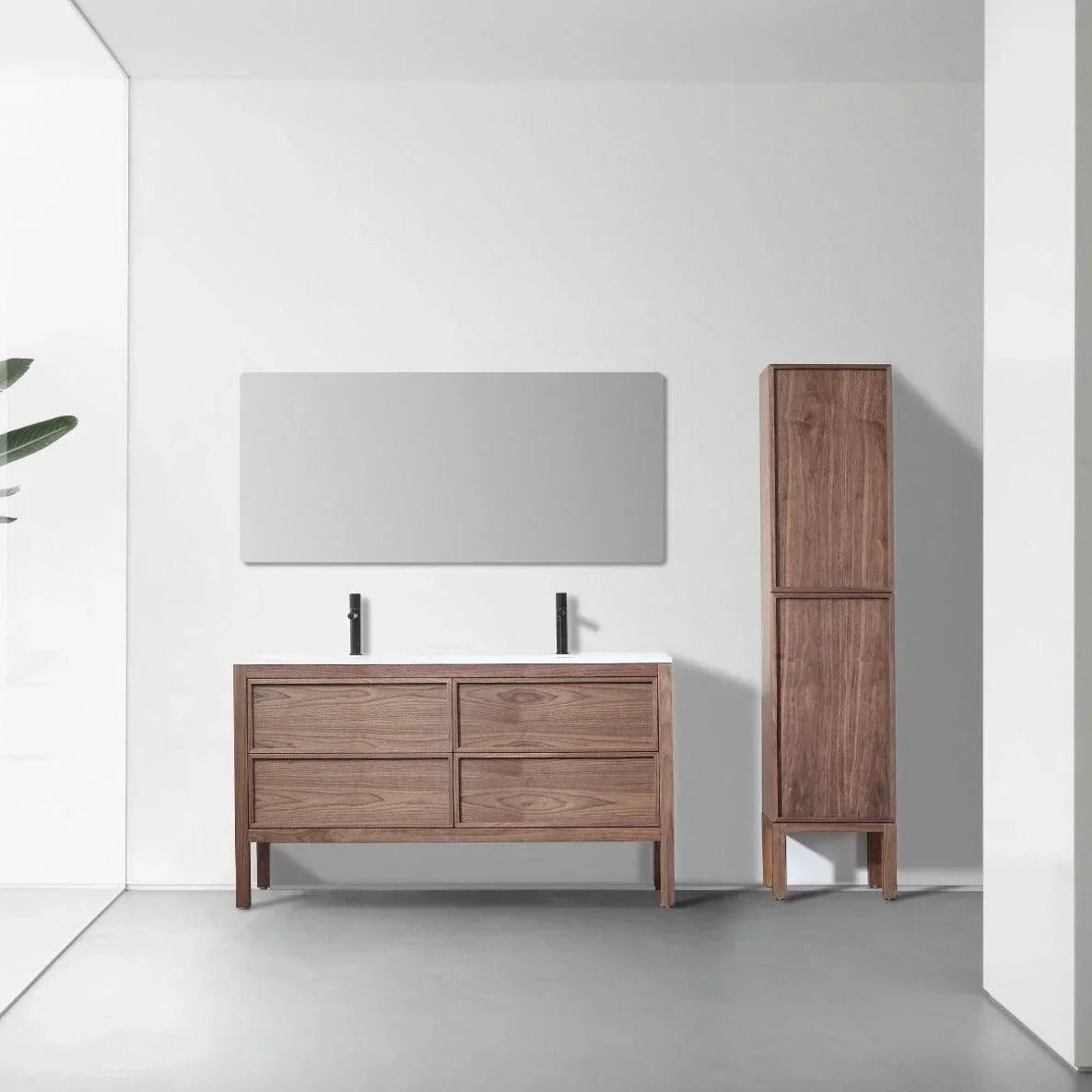 60" Natural Walnut Freestanding Double Sink Bathroom Vanity with White Solid Surface Countertop Vista - Golden Elite Deco