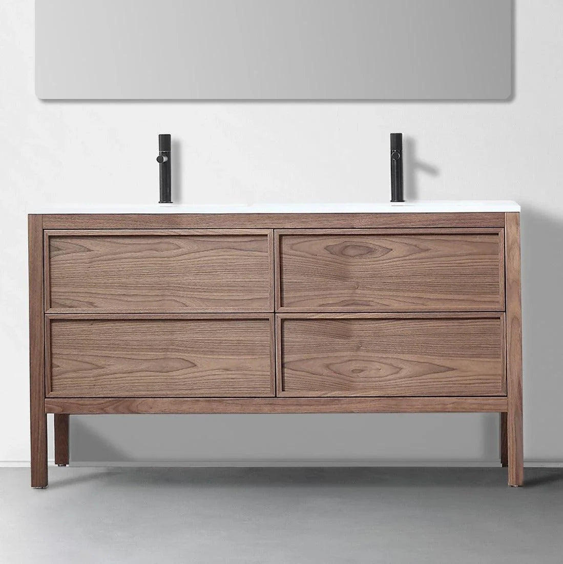 60" Natural Walnut Freestanding Double Sink Bathroom Vanity with White Solid Surface Countertop Vista - Golden Elite Deco