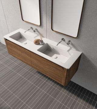 60" Walnut Wall Mount Double Sink Bathroom Vanity with Matte White Solid Surface Countertop Fairview - Golden Elite Deco