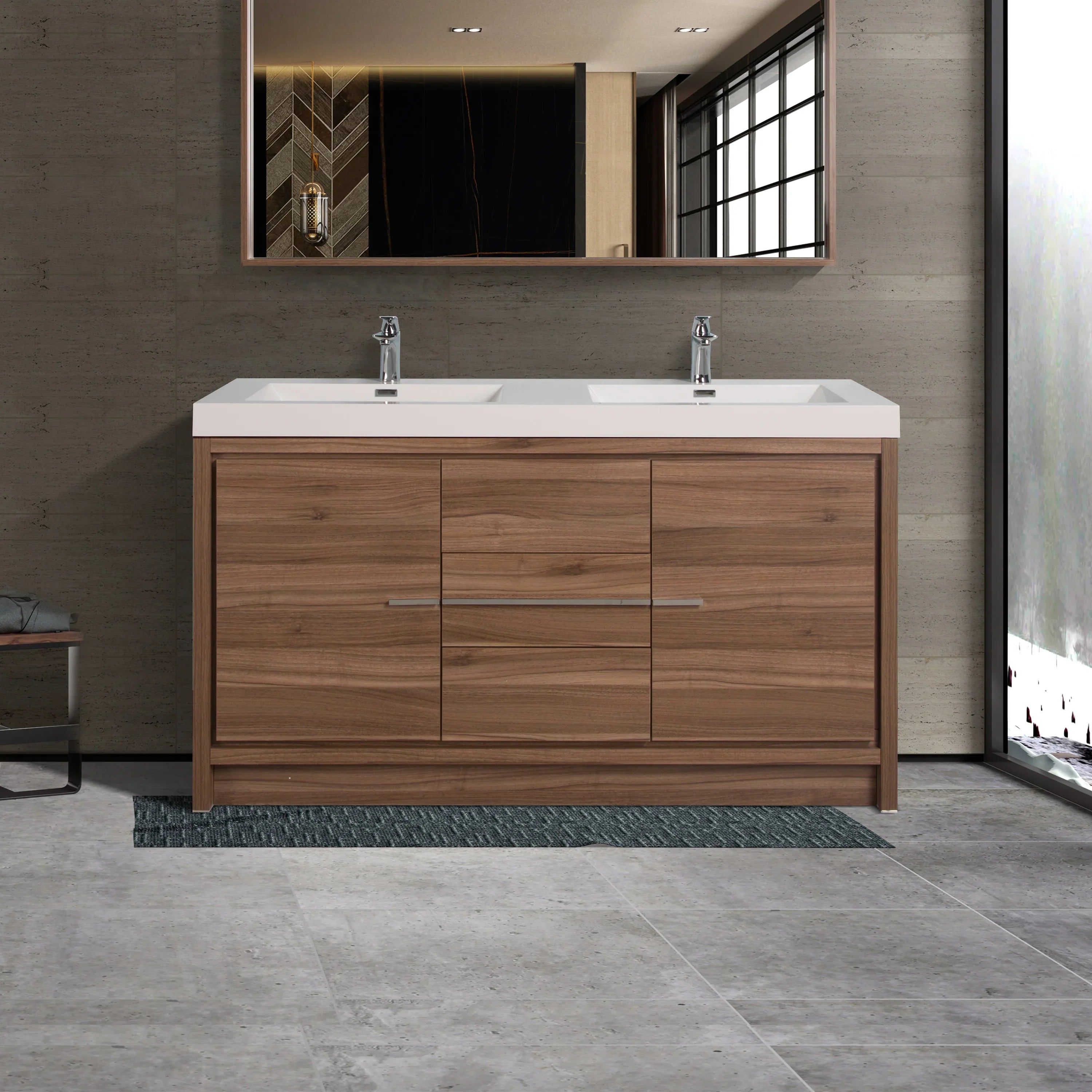 60" Walnut Freestanding Double Sink Bathroom Vanity with White Polymarble Countertop
