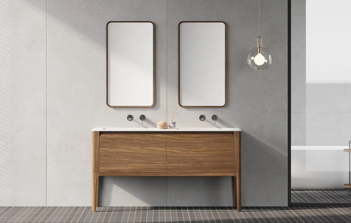 60" Walnut Wall Mount Double Sink Bathroom Vanity with Matte White Solid Surface Countertop Fairview - Golden Elite Deco