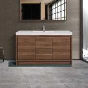 60" Walnut Freestanding Single Sink Bathroom Vanity with White Polymarble Countertop