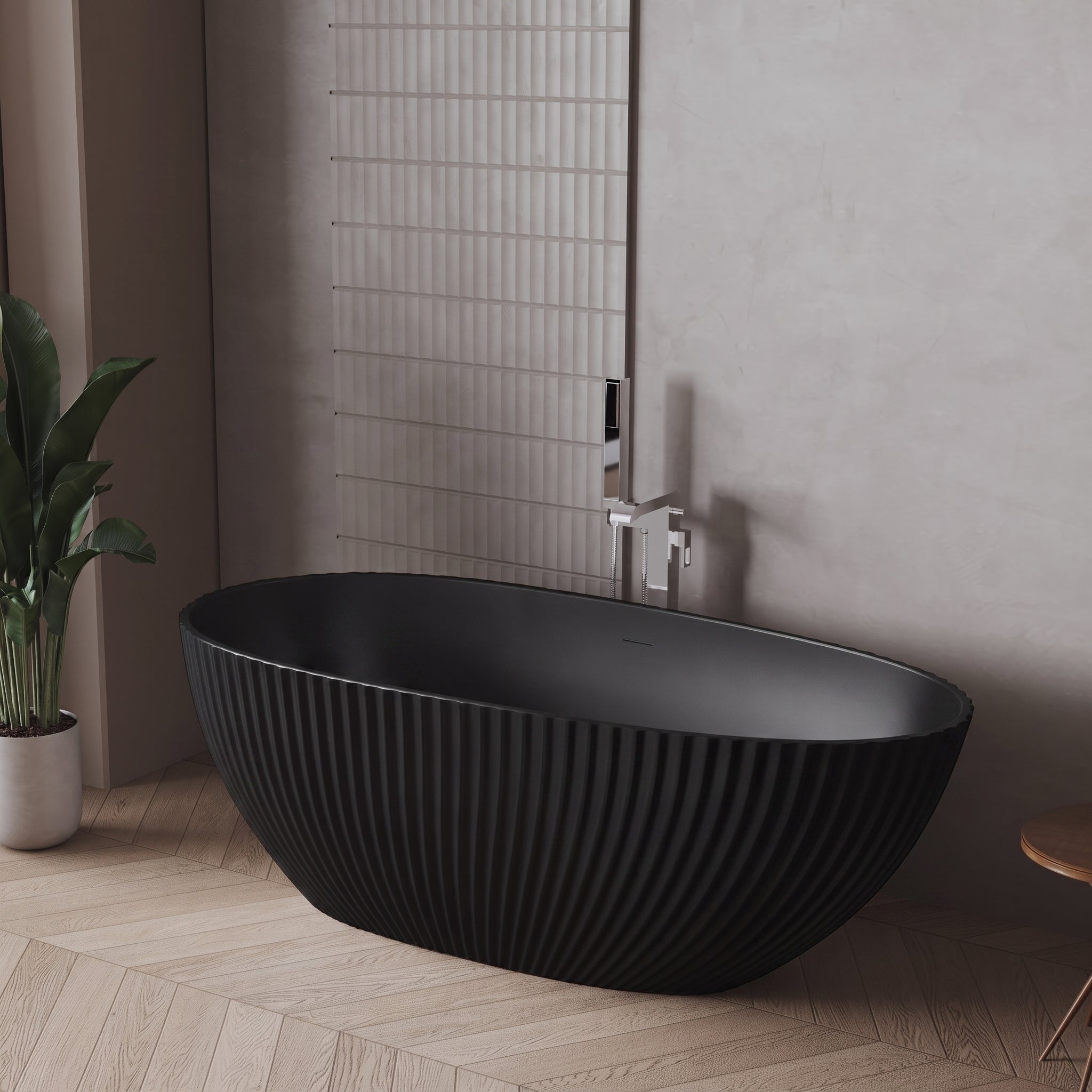 67" Calista Matte Black Freestanding Bathtub with Fluted Design