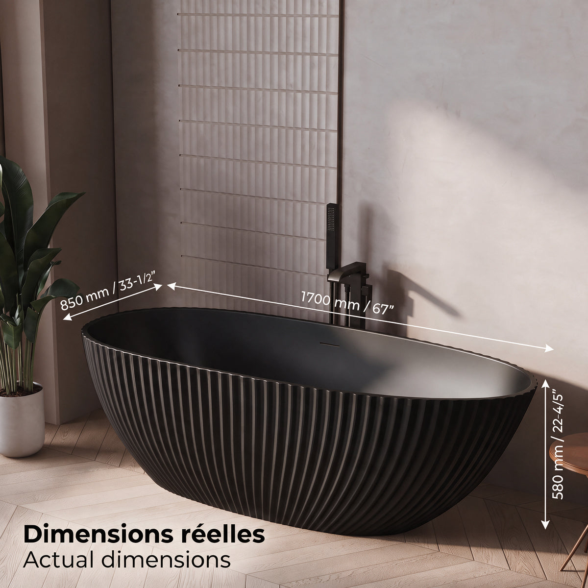Baignoire autoportante Calista 67 po noir mat avec design cannelé