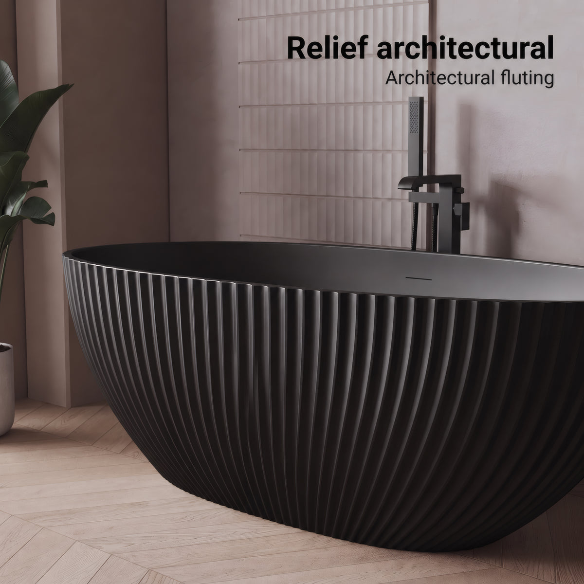 67" Calista Matte Black Freestanding Bathtub with Fluted Design