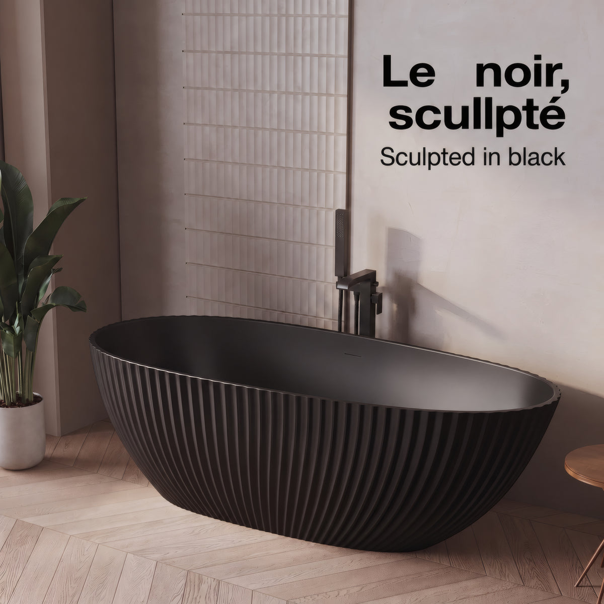 67" Calista Matte Black Freestanding Bathtub with Fluted Design