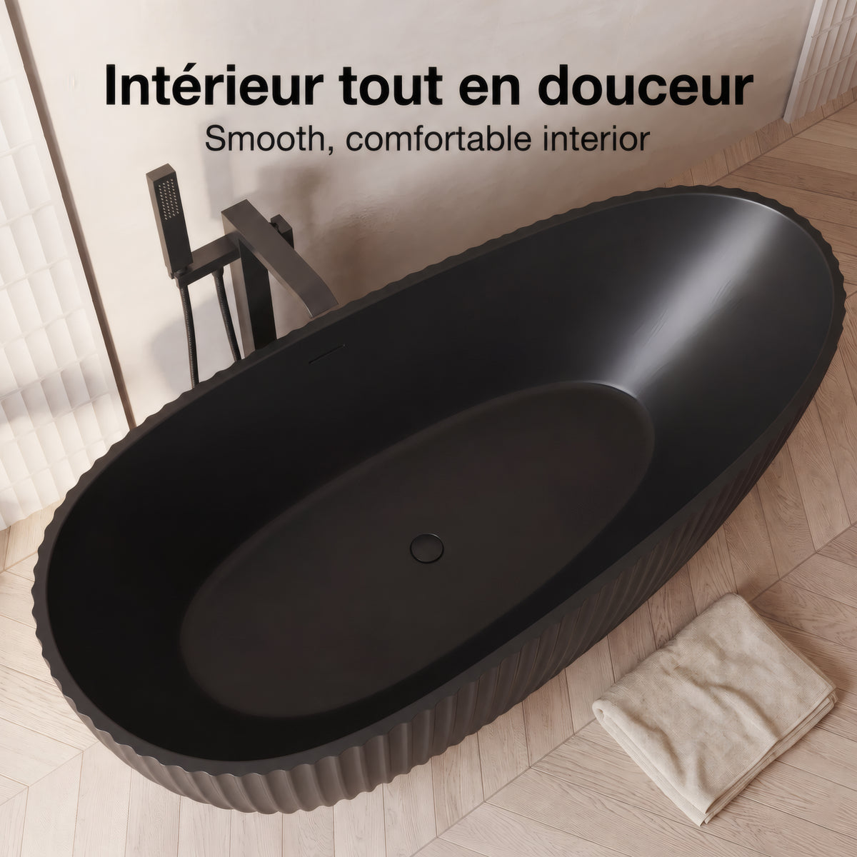 67" Calista Matte Black Freestanding Bathtub with Fluted Design
