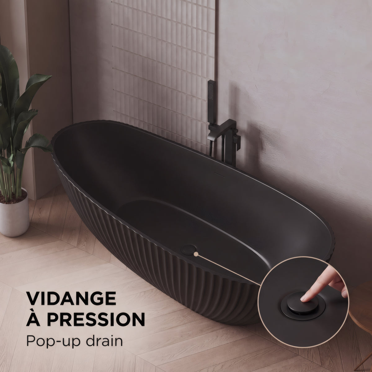 67" Calista Matte Black Freestanding Bathtub with Fluted Design