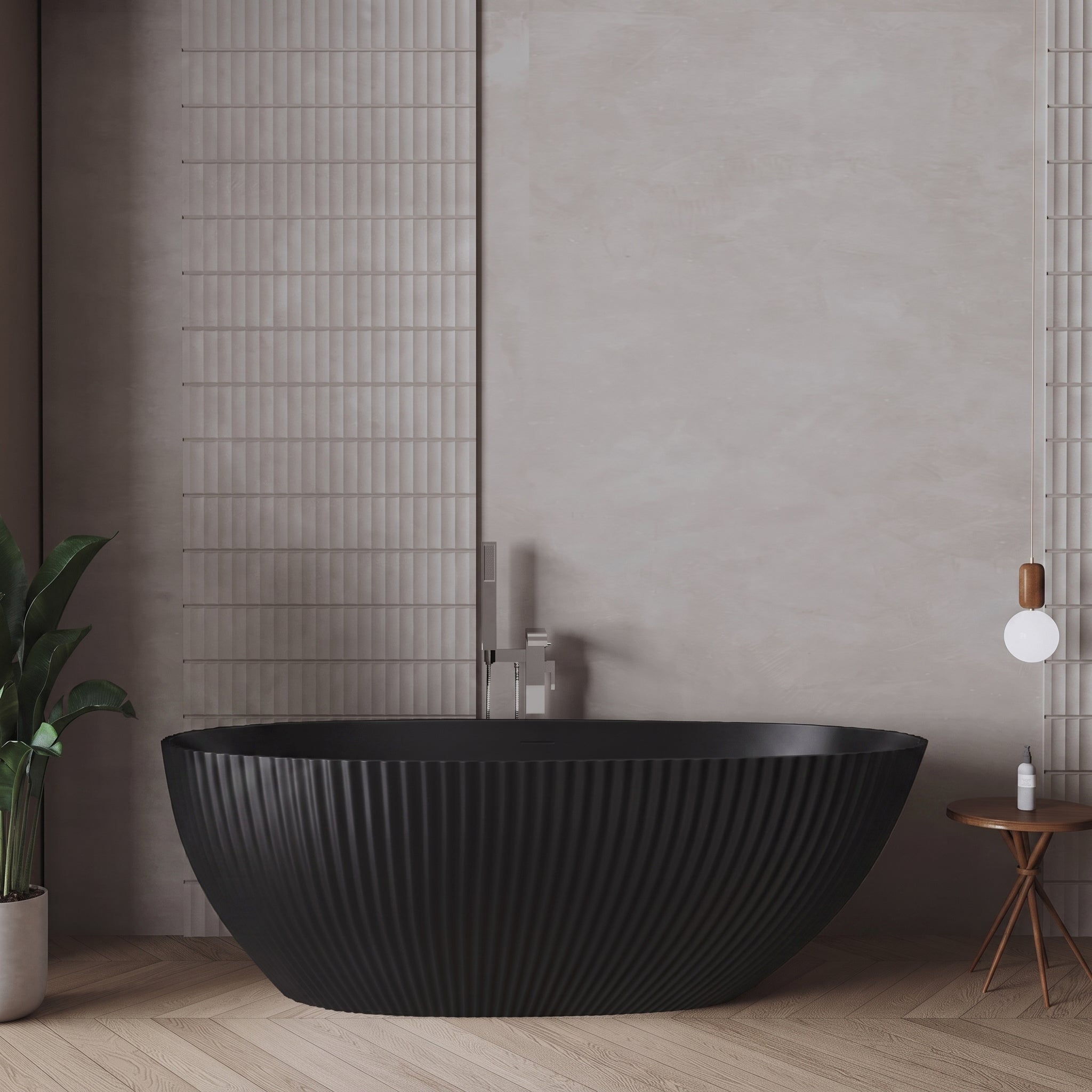 67" Calista Matte Black Freestanding Bathtub with Fluted Design