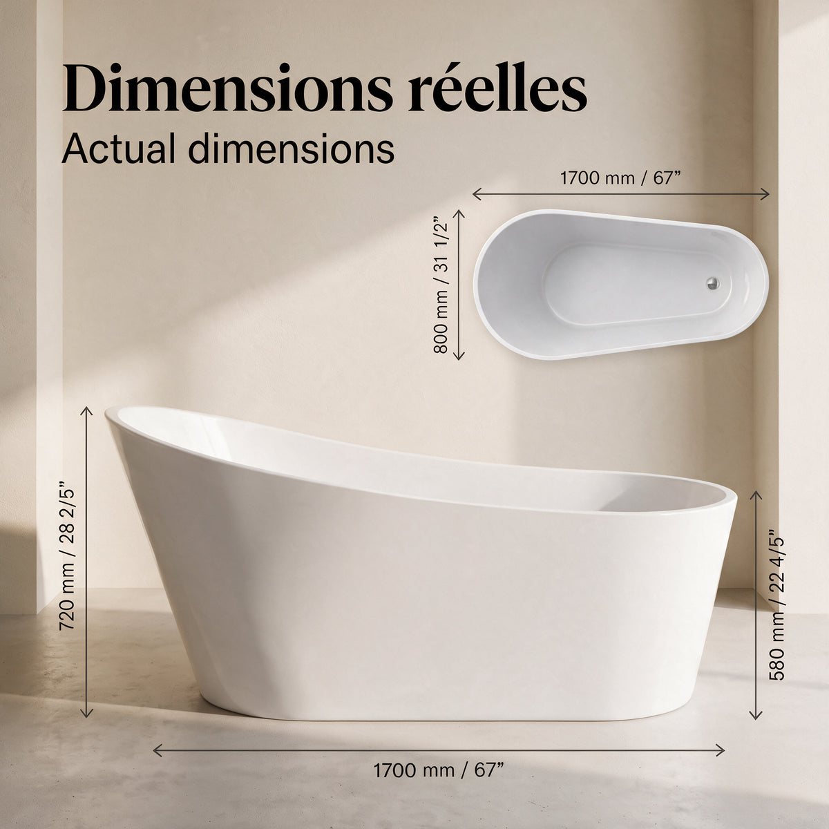 Baignoire autoportante Aria 67 po en acrylique blanc lustré