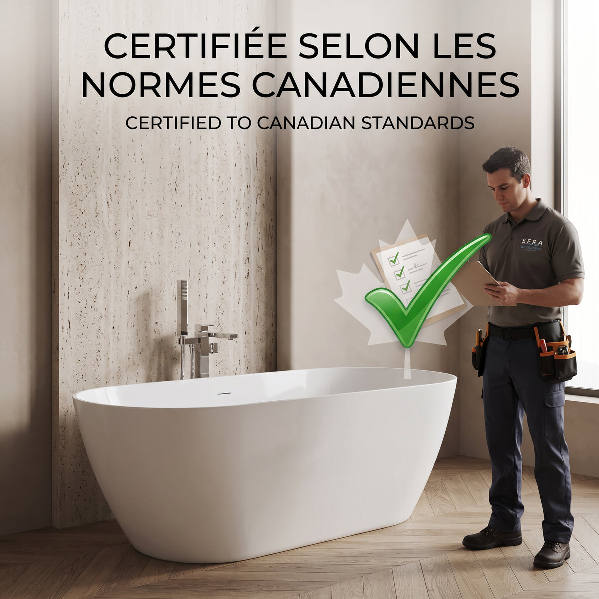 Baignoire autoportante Fiora 67po en acrylique blanc lustré