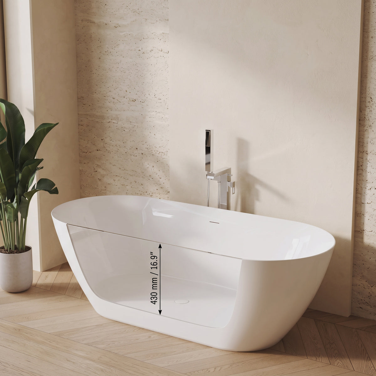 Baignoire autoportante Fiora 67po en acrylique blanc lustré